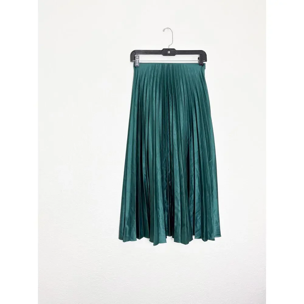 Zara Emerald Green Pleated Midi Skirt Size XS High Rise Chic Preppy Minimalist